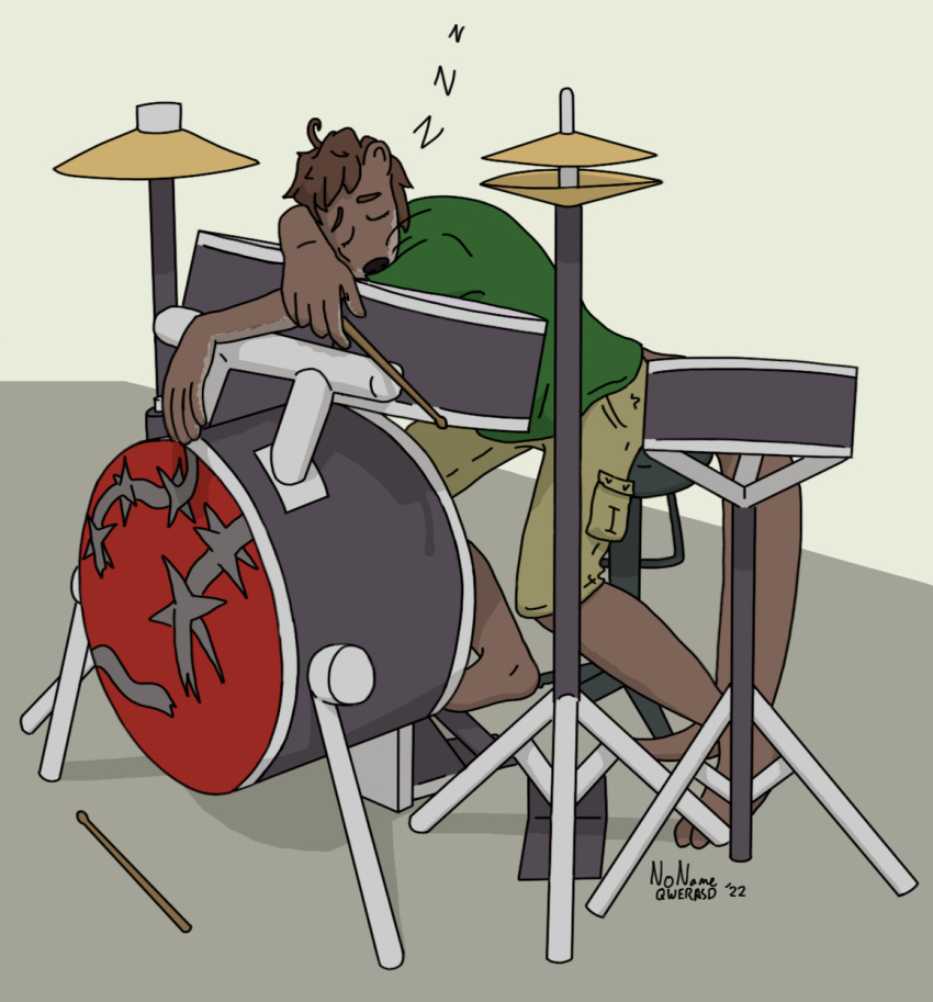 2022 anthro avilla_(nonameqwerasd) barefoot bottomwear brown_body brown_fur brown_hair cargo_shorts clothing countershade_hands countershading cymbals digital_media_(artwork) drum drumstick_(musical) drumstick_(percussion) feet female fur green_clothing green_shirt green_topwear hair hi-hat hi_res long_tail mammal membrane_(anatomy) musical_instrument mustelid nonameqwerasd otter percussion_instrument shaded shirt short_hair shorts signature simple_background simple_shading sleeping solo tail tan_bottomwear tan_clothing tan_shorts topwear webbed_hands whiskers