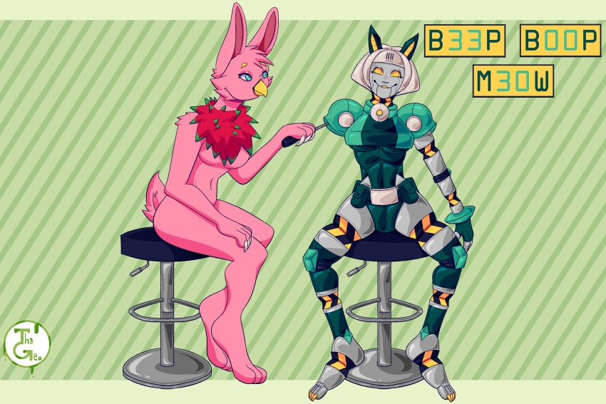 3:2 absurd_res anthro avian birbit blue_body duo english_text female fianxi_kushin fur furniture green_body green_eyes hi_res hybrid lagomorph leporid looking_at_another looking_at_viewer machine mammal multicolored_body pink_body pink_fur pockets rabbit robo-fortune robot screwdriver silver_body sitting smile stool text th3geo tools two_tone_tuft yellow_eyes