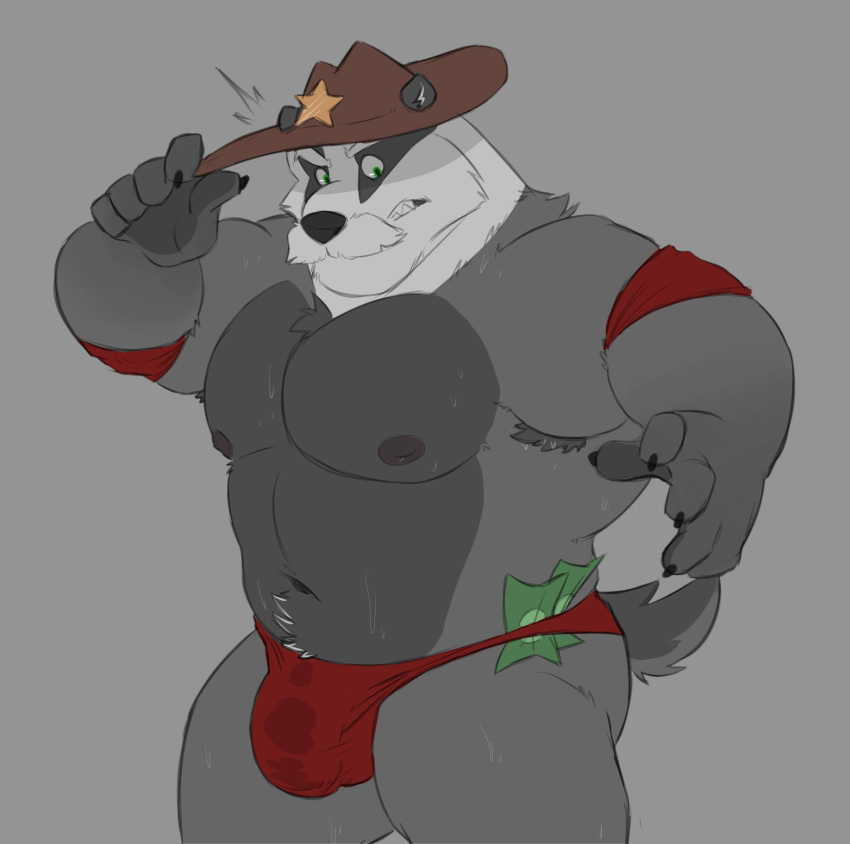 2022 anthro armpit_hair badger banknote black_claws black_nose blain_wolf blue_eyes body_hair brown_clothing brown_cowboy_hat brown_hat brown_headwear bulge claws clothed clothing colored countershade_hands countershade_head countershade_torso countershading cowboy_hat detailed_bulge european_badger facial_hair fur grey_background grey_body grey_countershading grey_fur grey_nipples happy_trail hat headgear headwear hi_res holding_clothing holding_hat holding_headgear holding_headwear holding_object male mammal meles money multicolored_body multicolored_fur musclegut mustache mustelid musteline navel nipples pecs portrait red_clothing red_speedo red_swimwear short_tail simple_background skimpy slightly_chubby slightly_chubby_anthro slightly_chubby_male solo speedo swimwear tail three-quarter_portrait white_body white_countershading white_fur