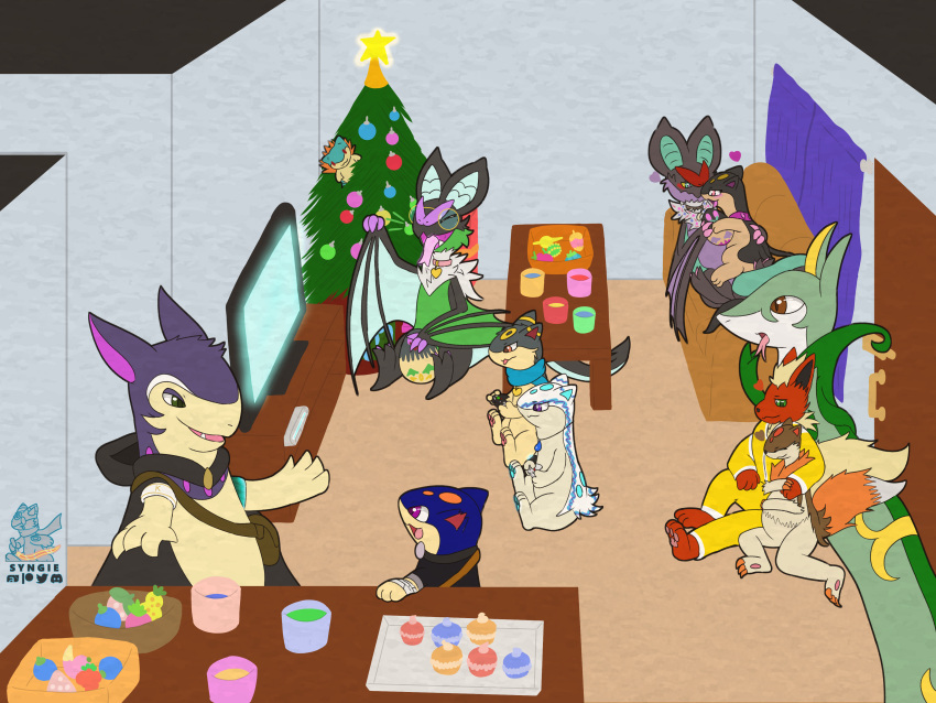 4:3 absurd_res ambiguous_gender anthro berry christmas christmas_tree controller cuddling eeveelution egg fenderquil feral flareon food fruit gaming generation_1_pokemon generation_2_pokemon generation_5_pokemon generation_6_pokemon generation_7_pokemon hi_res holidays hybrid_pokemon nintendo noivern plant pokemon pokemon_(species) pregnant quilava salazzle serperior slate_(syngie) synge syngie_(artist) tree umbreon