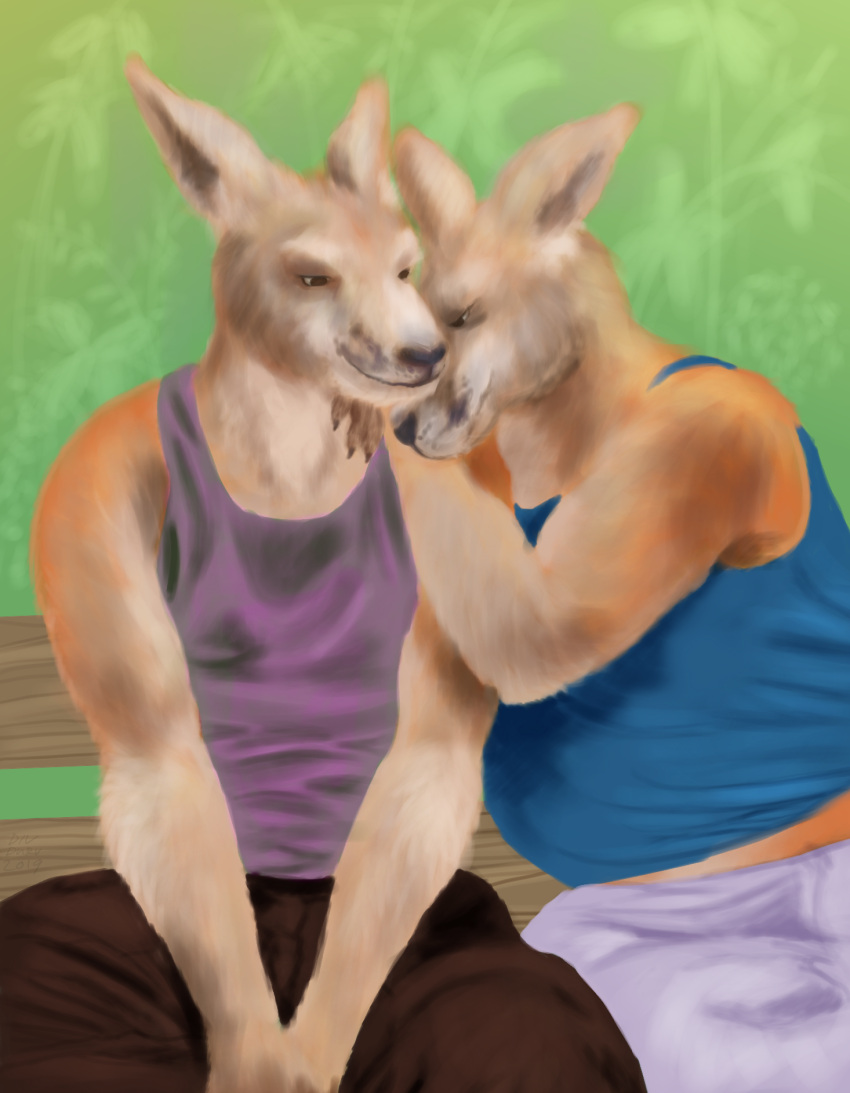 2019 anthro awkward clothed clothing cuddling digital_media_(artwork) divdurvart duo ears_back fully_clothed fur furniture hi_res holding_another macropod male male/male mammal marsupial nuzzling orange_body orange_fur outside park park_bench pivoted_ears raised_arm shirt shy sitting slightly_chubby smile tank_top topwear