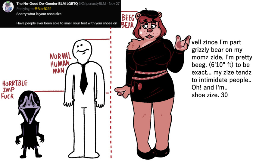 2022 absurd_res anthro bear blarf022 blarf_(blarf022) chart clothing dress english_text female foot_fetish freckles french_accent group height_chart hi_res human humanoid imp larger_anthro larger_female male mammal necktie sherry_bear_(blarf022) size_difference text trio
