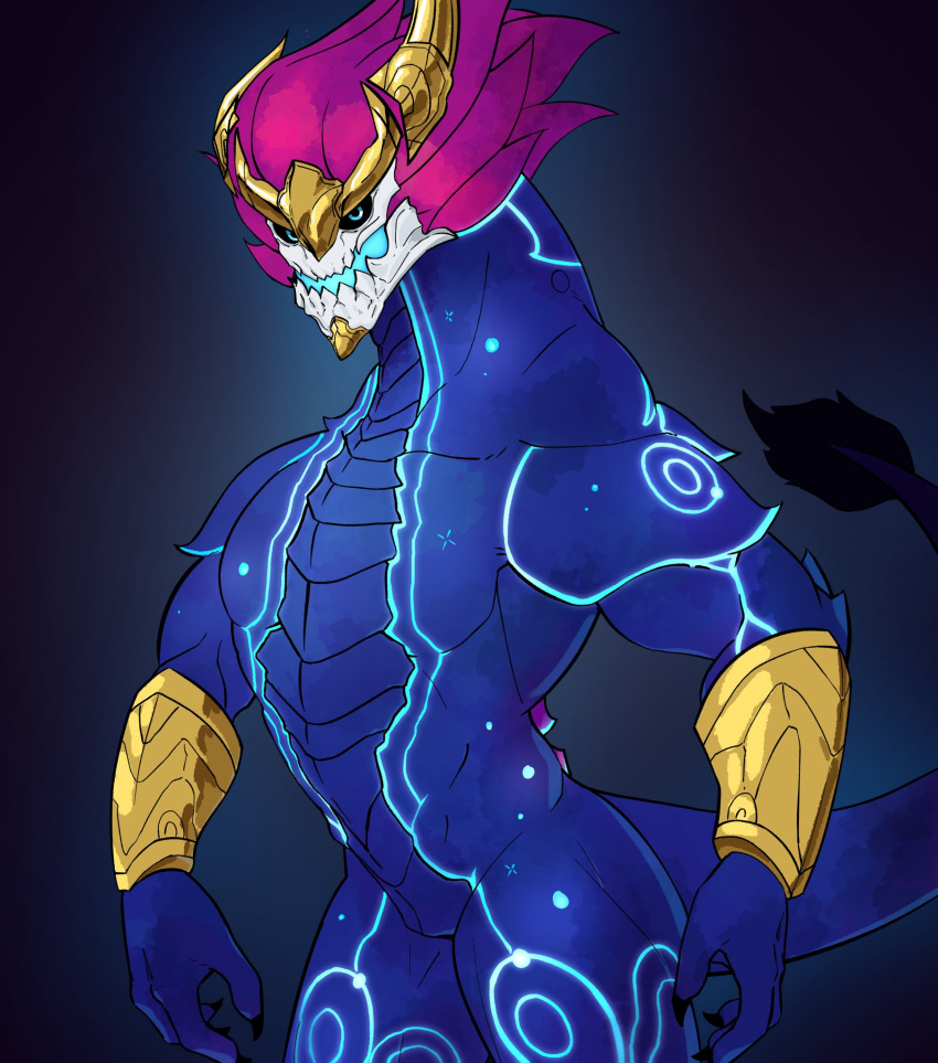 anthro asian_mythology aurelion_sol_(lol) dragon east_asian_mythology eastern_dragon featureless_crotch hair hi_res humanoid league_of_legends male muscular muscular_anthro muscular_male mythology nude pecs riot_games scalie simple_background solo warwickislovely