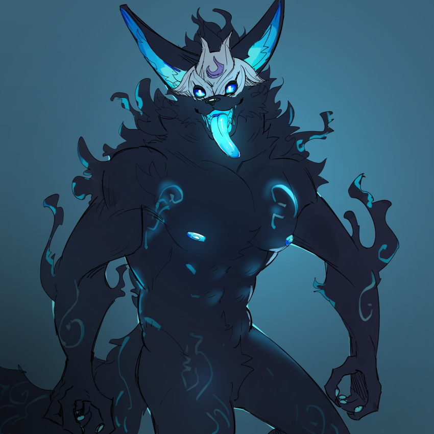 1:1 anthro canid canine canis featureless_crotch hi_res humanoid kindred_(lol) league_of_legends male mammal mask muscular muscular_anthro muscular_male nipples nude pecs riot_games simple_background smile solo tongue tongue_out warwickislovely wolf wolf_(lol)