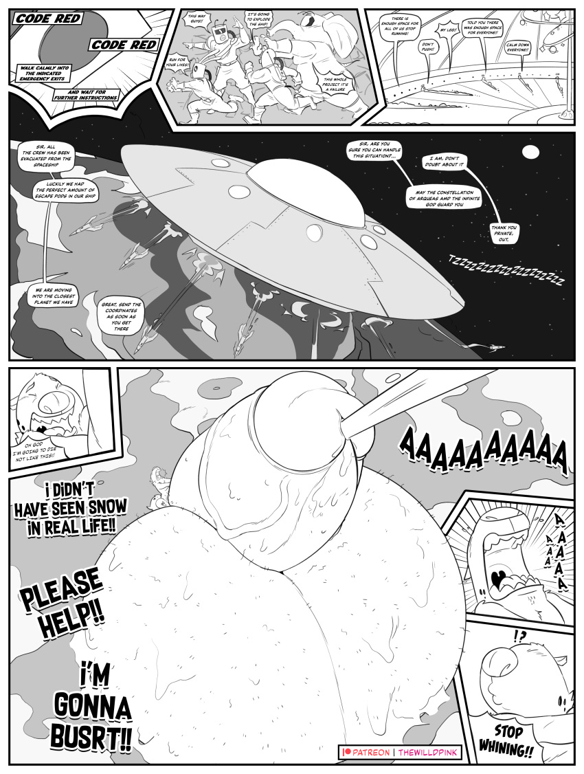 absurd_res alien antennae_(anatomy) anthro balls big_balls big_penis bodily_fluids border comic dialogue earth elephant elephantid english_text excessive_genital_fluids excessive_precum flying_saucer genital_fluids genitals hi_res huge_balls huge_penis hyena hyper hyper_balls hyper_genitalia hyper_penis jeffrey_taggart lagomorph leporid male mammal meme no_nut_november penis precum proboscidean rabbit space spacecraft text thewilldpink unknown_species vehicle white_border