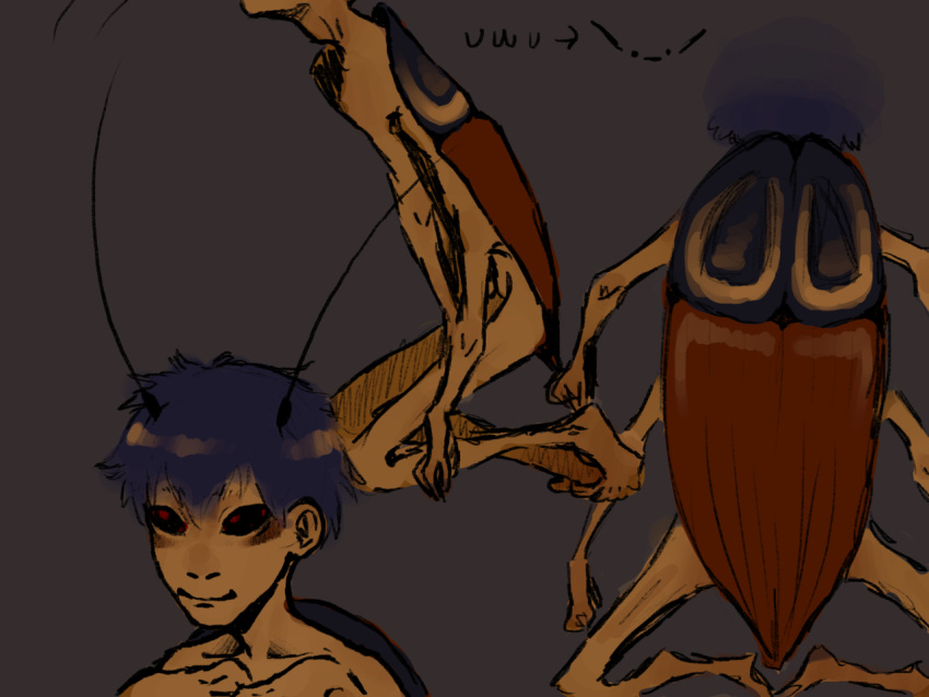 4:3 4_arms animal_humanoid antennae_(anatomy) arthropod arthropod_humanoid bangs barefoot black_eyes black_sclera blattodea blue_hair cockroach cockroach_humanoid colored_sketch digital_drawing_(artwork) digital_media_(artwork) dreamscreep feet glistening glistening_hair glistening_wings hair humanoid humanoid_feet humanoid_hands insect insect_humanoid insect_wings male multi_arm multi_limb nail_(dreamscreep) nude plantigrade short_hair sketch skinny_male smile solo wings