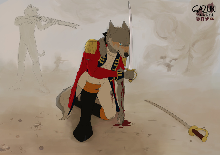 absurd_res battle blood bodily_fluids canid canine canis clothing gazuki gun hi_res historical history humanoid male mammal melee_weapon ranged_weapon simple_background solo sword united_states_of_america weapon wolf