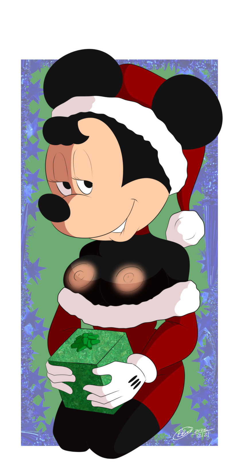 2022 absurd_res anthro areola bedroom_eyes breasts bunbunmuffins christmas christmas_clothing christmas_headwear clothing dated disney eyelashes female gift gloves handwear hat headgear headwear hi_res holidays looking_at_viewer mammal minnie_mouse mouse murid murine narrowed_eyes nipples rodent santa_hat seductive solo