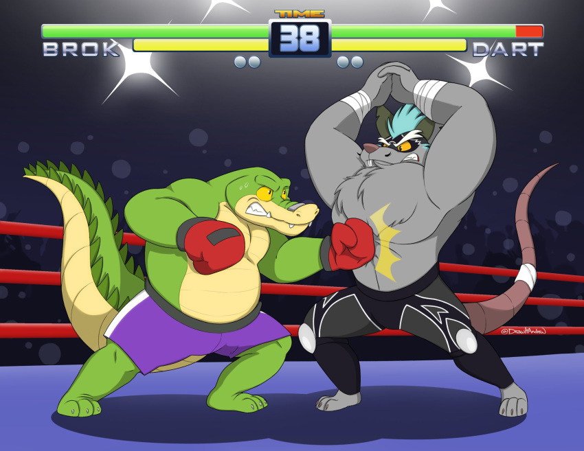 2022 alligator alligatorid anthro bandage barefoot bottomwear boxing_gloves brok_(character) brok_the_investigator clothed clothing crocodilian dart_(brok_the_investigator) defensive drawitandrew duo feet fighting_game fur gameplay_mechanics green_body gui handwear health_bar hi_res male mammal mouse murid murine name_in_text number reptile rodent scalie shorts timer topless topless_anthro topless_male