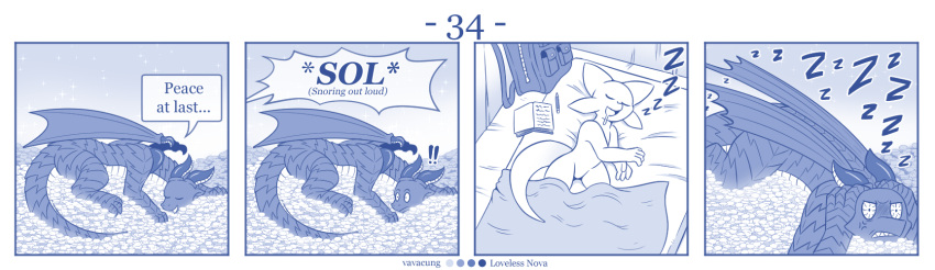 blue_and_white comic detailed_background dialogue dragon duo english_text featureless_chest featureless_crotch female feral flat_chested hi_res horn kobold larger_feral male monochrome size_difference smaller_female speech_bubble text vavacung wings