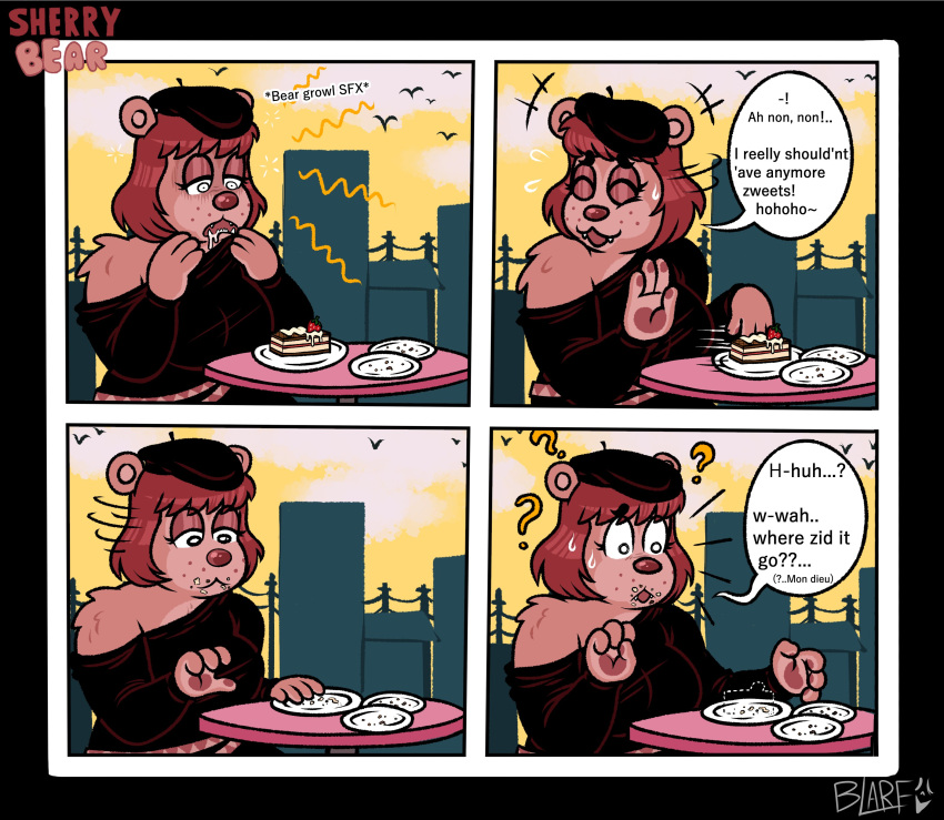 2022 4koma absurd_res accent anthro asking asking_self asking_where base_two_layout bear beret blarf022 bodily_fluids cake clothing comic confusion crossbar_emanata crumbs dessert dialogue dotted_line dotted_outline drooling eating emanata english_text female food four_frame_grid four_frame_image french_accent grid_layout growling hat headgear headwear hi_res hungry mammal multi-word_onomatopoeia onomatopoeia plate question question_mark regular_grid_layout saliva sherry_bear_(blarf022) solo sound_effects speech_bubble stuttering talking_to_self text two_row_layout wave_emanata