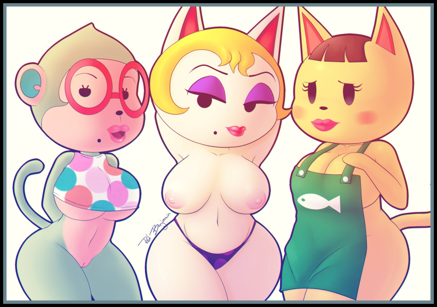 2018 animal_crossing anthro apron apron_only areola beauty_mark big_breasts black_border blonde_hair border bottomless bottomless_anthro bottomless_female breasts brown_hair cleavage clothed clothing digital_drawing_(artwork) digital_media_(artwork) domestic_cat dot_eyes elise_(animal_crossing) eyes_closed eyeshadow eyewear felid feline felis female glasses grey_body group hair hand_behind_head haplorhine hi_res kaitlin_(animal_crossing) lips lipstick makeup mammal monique_(animal_crossing) monkey mostly_nude nintendo nipples open_mouth panties pattern_clothing pink_lipstick primate purple_eyeshadow round_glasses signature simple_background sirredbenjamin solo spots spotted_clothing topless topless_anthro topless_female trio underwear white_background white_body yellow_body