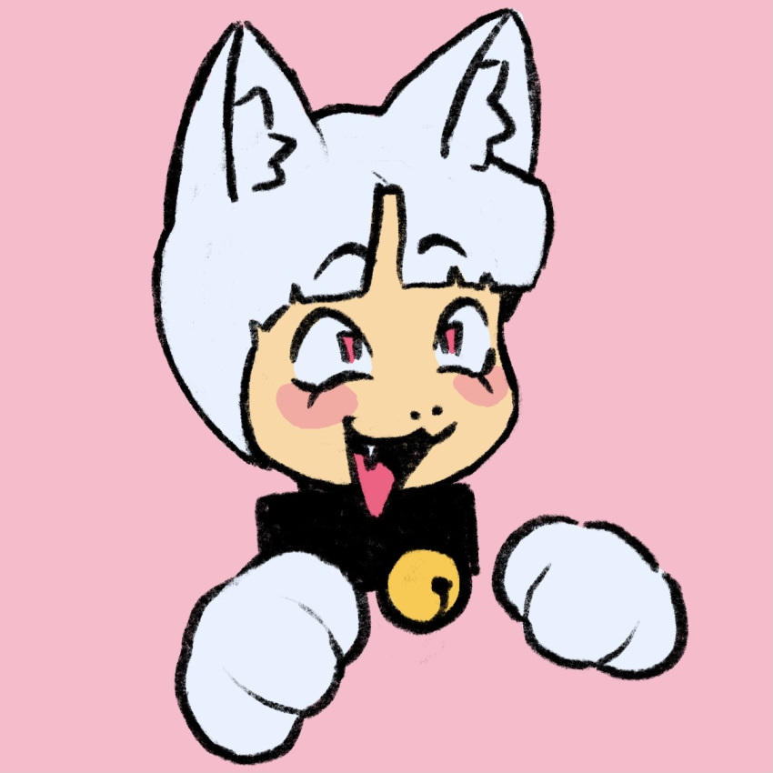 1:1 ambiguous_gender animal_humanoid bangs bell bell_collar blush cat_humanoid collar colored dreamscreep eyebrow_through_hair eyebrows fan_character fangs felid felid_humanoid feline feline_humanoid fur hair handpaw hi_res humanoid inner_ear_fluff mammal mammal_humanoid open_mouth open_smile paws pink_background pink_eyes pink_tongue prick_ears raised_eyebrows short_hair simple_background smile solo teeth tongue toony translucent translucent_hair tuft white_body white_fur white_hair wide_eyed