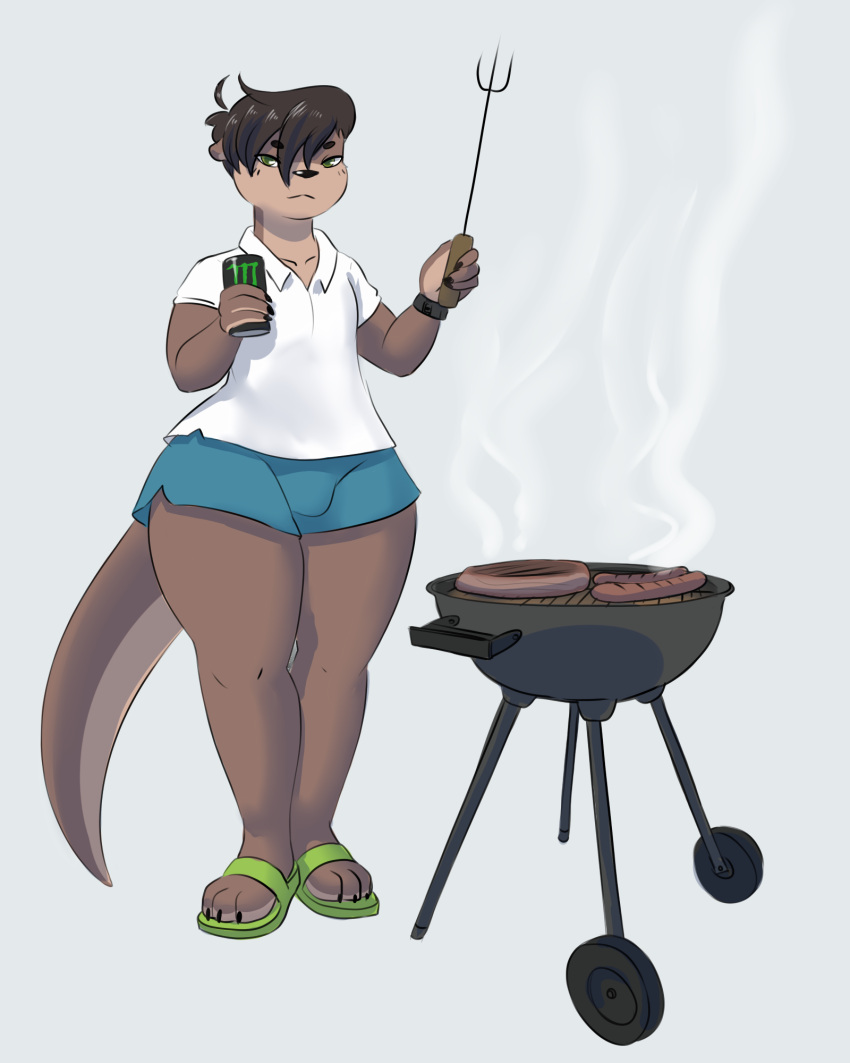2022 4:5 anthro barbecue barbecue_fork barbecue_grill beef beverage bottomwear clothing cutlery energy_drink food footwear fork hi_res kitchen_utensils male mammal meat monster_energy mr-shin mustelid otter product_placement river_otter sandals shin_(mr-shin) shirt shorts simple_background solo steak tools topwear