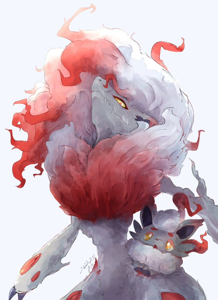 2022 ambiguous_gender anthro cheek_tuft claws duo facial_tuft feral front_view fur hi_res hisuian_form hisuian_zoroark hisuian_zorua multicolored_body multicolored_fur nintendo pokemon pokemon_(species) red_body red_fur regional_form_(pokemon) simple_background tuft two_tone_body two_tone_fur white_background white_body white_fur year yellow_sclera yuuji7604