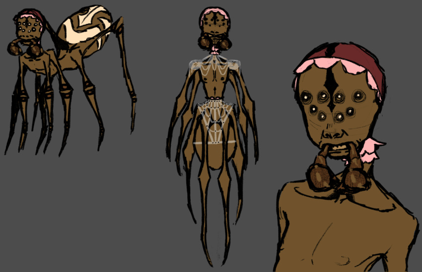 8_eyes 8_legs animal_humanoid arachnid arachnid_humanoid arachnid_taur araneomorph arthropod arthropod_abdomen arthropod_humanoid arthropod_taur arthropod_webbing beady_eyes bonnet brown_body clothed clothing colored colored_sketch dreamscreep facial_markings fan_character grey_background head_markings headgear headwear humanoid male markings model_sheet monster multi_eye multi_leg multi_limb nipples nude pedipalps simple_background sketch skinny skinny_male solo spider spider_humanoid spider_taur spider_web taur teeth theridiid topless topless_male white_markings widow_spider