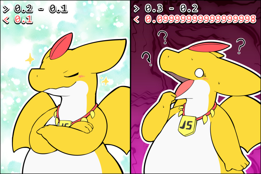 2koma 3:2 abstract_background ambiguous_gender anthro bodily_fluids comic countershading crossed_arms dragon japanese_description jewelry math membrane_(anatomy) membranous_wings necklace necklace_only nude question_mark rao_(artist) smug solo sweat sweatdrop translated_description white_body white_countershading winged_dragon wings yellow_body