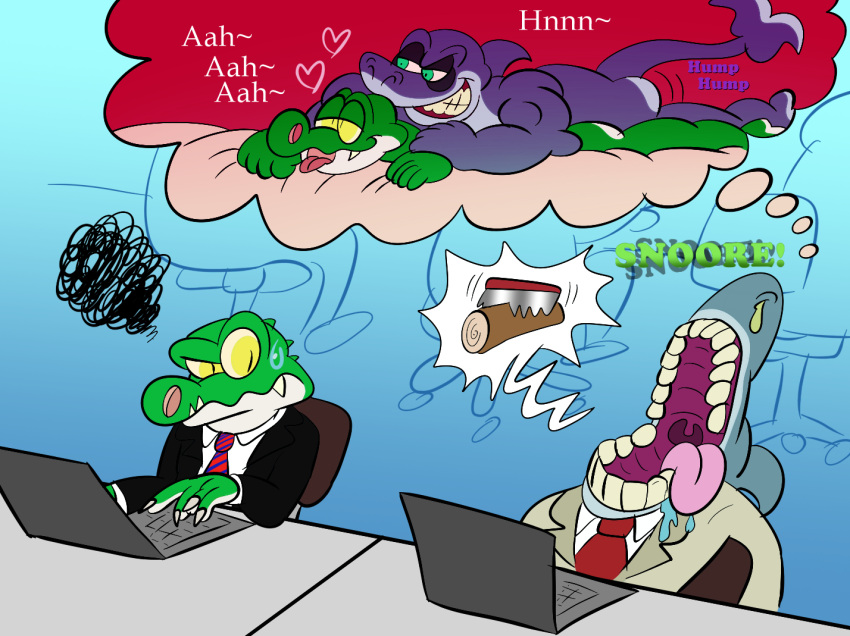 alligator alligatorid alphonse_(jollyville) anthro anthro_on_anthro bodily_fluids business_suit claws clothing computer cregon crocodile crocodilian crocodylid dream duo fish green_body green_eyes grey_body jolly_the_lizard jollyville laptop male male/male male_penetrated male_penetrating male_penetrating_male marine penetration reptile scalie sex shark sound_effects suit sweat sweatdrop wet_dream white_body yellow_eyes