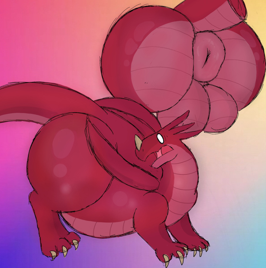 anus balls big_anus big_balls big_butt butt dragon feral flustered genitals hi_res huge_anus huge_balls huge_butt male pent_up plapjax pomegranate_(plapjax) puffy_anus red_body slightly_chubby solo thick_thighs wide_hips