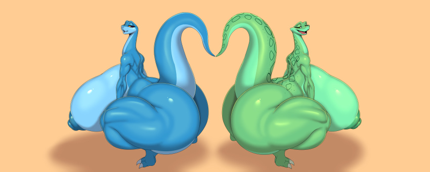 absurd_res anthro areola bedroom_eyes ber00 big_breasts big_butt blue_areola blue_body blue_eyes blue_nipples blue_tail breasts butt crouching duo female green_areola green_body green_eyes green_nipples green_tail hi_res huge_breasts huge_butt huge_thighs hyper hyper_breasts hyper_butt hyper_thighs narrowed_eyes nipples non-mammal_breasts nude open_mouth orange_sclera reptile scalie seductive side_boob snake tail thick_thighs