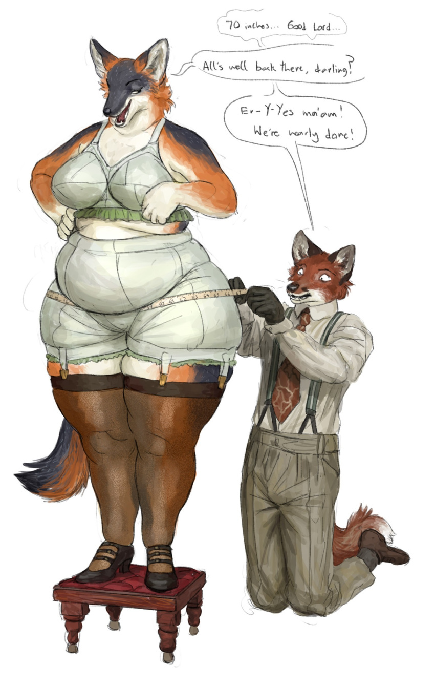 1920s 2021 anthro bottomwear bra canid canine cettus clothing dialogue dress_shirt duo english_text female footwear fox furniture hand_on_hip hi_res high_heels ilona_spruyterveldt kneeling lingerie male mammal measuring necktie overweight overweight_anthro overweight_female pants shirt shoes speech_bubble standing stool suspenders tape_measure text topwear underwear