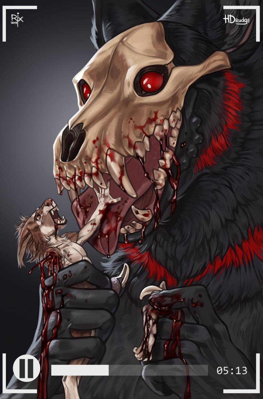2019 adrenalinedradge2 ambiguous_gender anthro anthro_prey artist_logo artist_name black_body black_fur blood blood_on_chin blood_on_teeth blood_on_tongue blood_splatter bodily_fluids bone brown_body brown_fur cheek_tuft dated duo facial_tuft fangs fur gore hard_vore hi_res holding_another logo male markings monster neck_tuft no_sclera nude open_mouth pupils red_body red_eyes red_fur red_markings riorix scared simple_background size_difference skull skull_head teeth tongue tongue_out tuft unwilling_prey vore white_body white_fur white_pupils