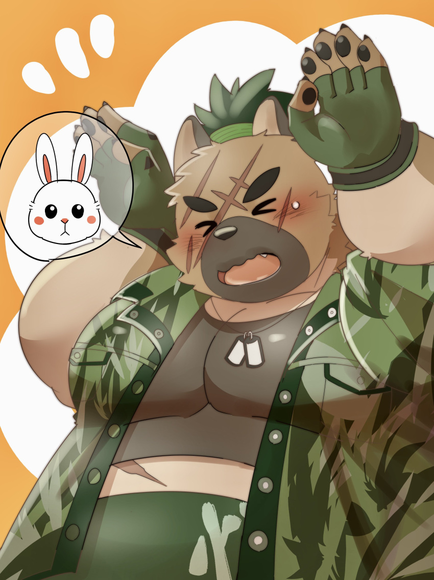 2022 absurd_res amidasuke anthro blush brown_body canid canine canis clothed clothing domestic_dog eyes_closed hi_res humanoid_hands kemono lagomorph leporid lifewonders male mammal open_clothing open_shirt open_topwear overweight overweight_male rabbit scar shirt solo tokyo_afterschool_summoners topwear yasuyori