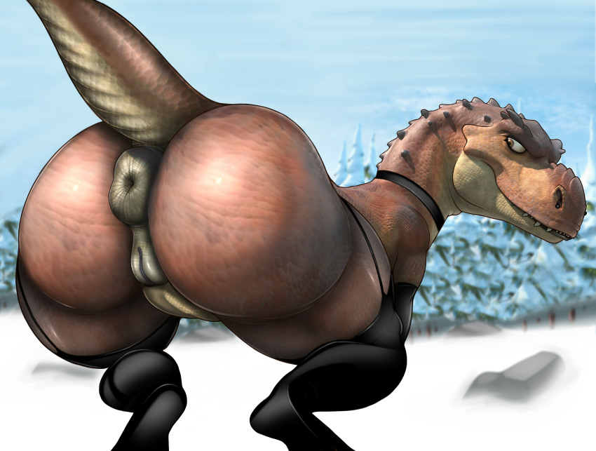 absurd_res anus big_butt blue_sky_studios butt choker clothing collar dinosaur facial_piercing female feral genitals hi_res ice_age_(series) ice_age_3 jewelry legwear looking_back lykimowl momma_(ice_age) necklace nose_piercing piercing presenting presenting_hindquarters puffy_anus pussy reptile scalie solo theropod thick_thighs thigh_highs tyrannosaurid tyrannosaurus tyrannosaurus_rex wide_hips