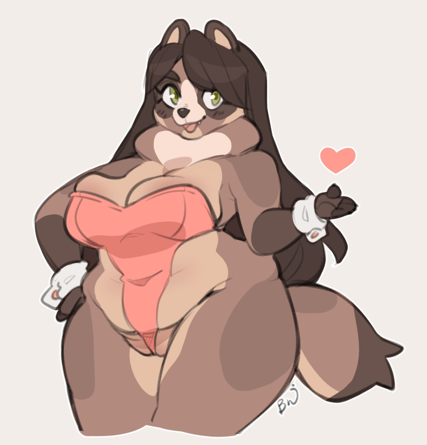 &lt;3 4_fingers anthro belly big_breasts black_nose breasts bri_(punkinbuu) brown_body brown_fur canid canine chest_tuft claws cleavage clothed clothing cuff_links digital_media_(artwork) fangs female fingers fur genitals green_eyes hair hand_on_hip hi_res leotard long_hair mammal navel navel_outline open_mouth open_smile penetration pink_clothing pink_leotard punkinbuu pussy raccoon_dog simple_background smile solo standing tan_body tan_fur tanuki teeth thick_thighs tongue topwear tuft white_background wide_hips