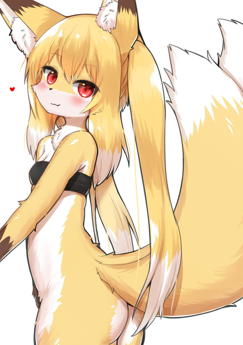 &lt;3 2022 2_tails anthro blonde_hair blush bottomless breasts brown_body brown_fur butt canid canine cleavage clothed clothing countershading cute_fangs digital_media_(artwork) dipstick_ears dipstick_tail female female_anthro fox fur hair hi_res horokusa0519 inner_ear_fluff kemono long_hair looking_at_viewer mammal markings multi_tail multicolored_body multicolored_ears multicolored_fur multicolored_hair multicolored_tail nio_(horokusa) portrait red_eyes simple_background small_breasts solo tail tail_markings three-quarter_portrait topwear tube_top tuft twintails_(hairstyle) white_background white_body white_fur white_hair yellow_body yellow_fur