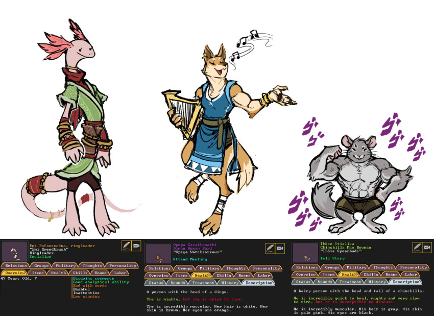 2022 abs anthro axlotl bard barefoot blue_clothing bottomwear canid canine canis chest_tuft chinchilla chinchillid clothed clothing digitigrade dingo dwarf_fortress elbow_tuft english_text eyes_closed feet female flat_colors flexing_bicep full-length_portrait fur green_clothing grey_body grey_fur group guoh hand_on_hip harp hi_res holding_object jewelry male mammal meme menacing_(meme) muscular muscular_female muscular_male musical_instrument musical_note on_one_leg pawpads pecs pink_body pink_skin plucked_string_instrument portrait rodent shorts simple_background singing size_difference slim smaller_male standing string_instrument tan_body tan_fur text topless topless_male trio tuft tunic white_background