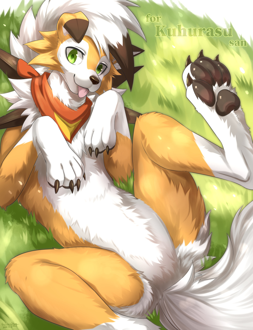 2022 4_toes absurd_res blep brown_nose canid canine claws countershading dated digital_media_(artwork) dusk_lycanroc featureless_crotch feet feral fluffy fur generation_7_pokemon gloves_(marking) grass green_eyes hi_res ivan-jhang kemono leg_markings looking_at_viewer lycanroc lying male mammal markings multicolored_body multicolored_fur neckerchief nintendo on_back orange_body orange_fur pawpads paws plant pokemon pokemon_(species) quadruped signature socks_(marking) solo tail toe_claws toes tongue tongue_out white_body white_fur