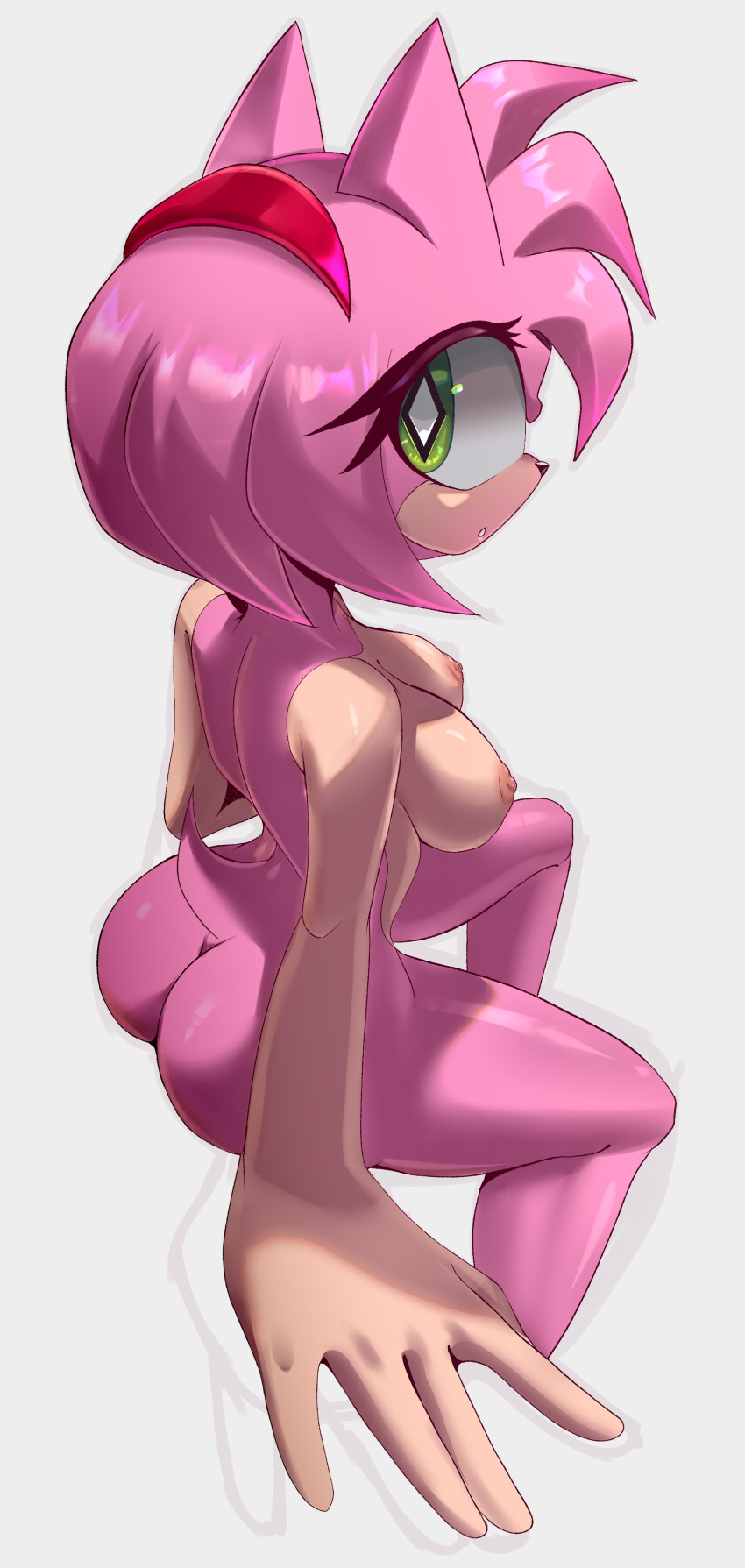 2022 5_fingers absurd_res accessory amy_rose anthro areola breasts clothing eulipotyphlan female fingers green_eyes hair hair_accessory hairband hedgehog hi_res looking_at_viewer mammal multicolored_body multicolored_skin nipples nude onz402 pink_body pink_hair pink_skin sega simple_background solo sonic_the_hedgehog_(series) two_tone_body two_tone_skin