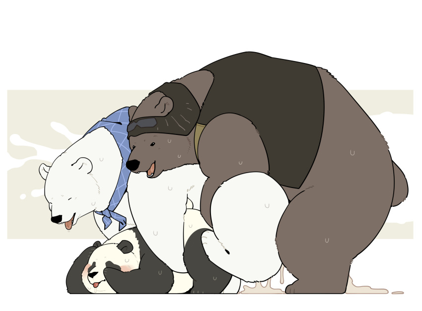 2022 absurd_res anthro bear black_body black_nose blush bodily_fluids brown_body cum genital_fluids giant_panda grizzly_(shirokuma_cafe) group group_sex hi_res kemono male mammal panda-kun polar_bear quanjiang sex shirokuma shirokuma_cafe sweat threesome ursine white_body