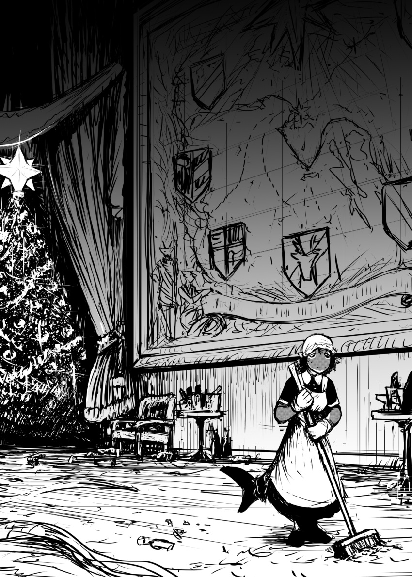 2023 anthro broom christmas christmas_tree cleaning_tool clothing female fish gloves greyscale handwear hi_res hladilnik holidays lonely_shark maid_uniform marine monochrome new_year plant shark solo sweeping tree uniform