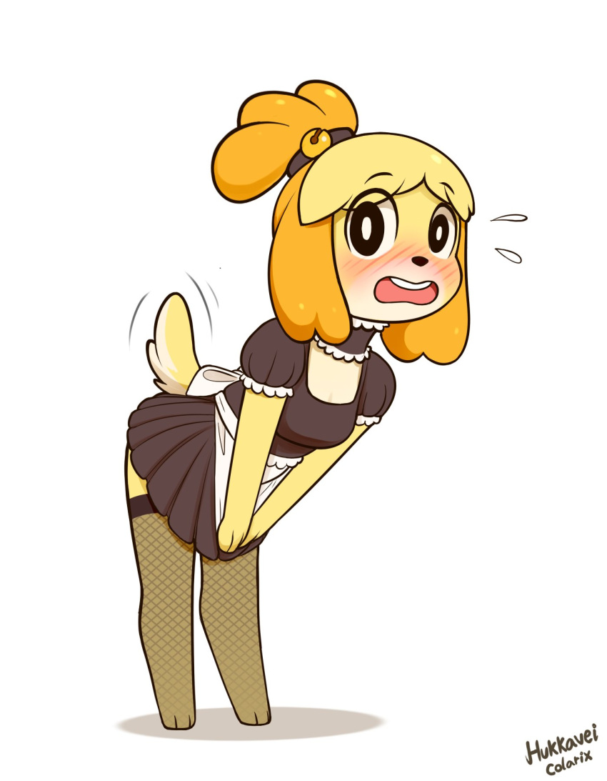 animal_crossing anthro apron bell black_nose blush canid canine canis clothing colarix domestic_dog embarrassed female fishnet fur hi_res isabelle_(animal_crossing) jingle_bell leaning leaning_forward legwear looking_at_viewer maid_uniform mammal nintendo open_mouth simple_background solo thigh_highs uniform yellow_body yellow_fur yellow_tail