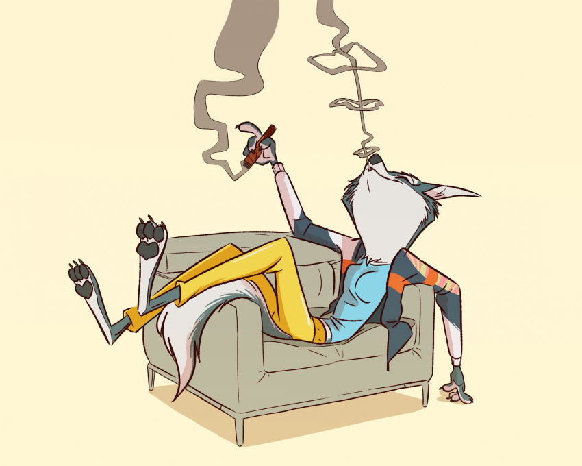 anthro barefoot canid canine canis cigar cigar_smoke clothed clothing digital_media_(artwork) feet female fluttershythekind fur furniture hair hi_res illumination_entertainment mammal porsha_crystal relaxing simple_background sing_(movie) smile smoke_from_mouth smoking sofa solo toes wolf