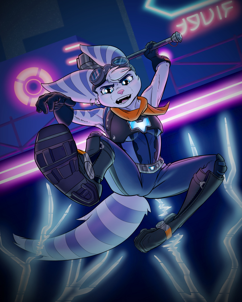 absurd_res anthro bangs blue_eyes boots clothed clothing ear_piercing ear_ring eyewear eyewear_on_head female fluffy fluffy_tail footwear fur gloves goggles hammer handwear hi_res littlelombaxart lombax mammal neon_lights piercing ratchet_and_clank ring_piercing rivet_(ratchet_and_clank) scarf sledgehammer solo sony_corporation sony_interactive_entertainment stripes sygnatus tail tail_tuft tools tuft