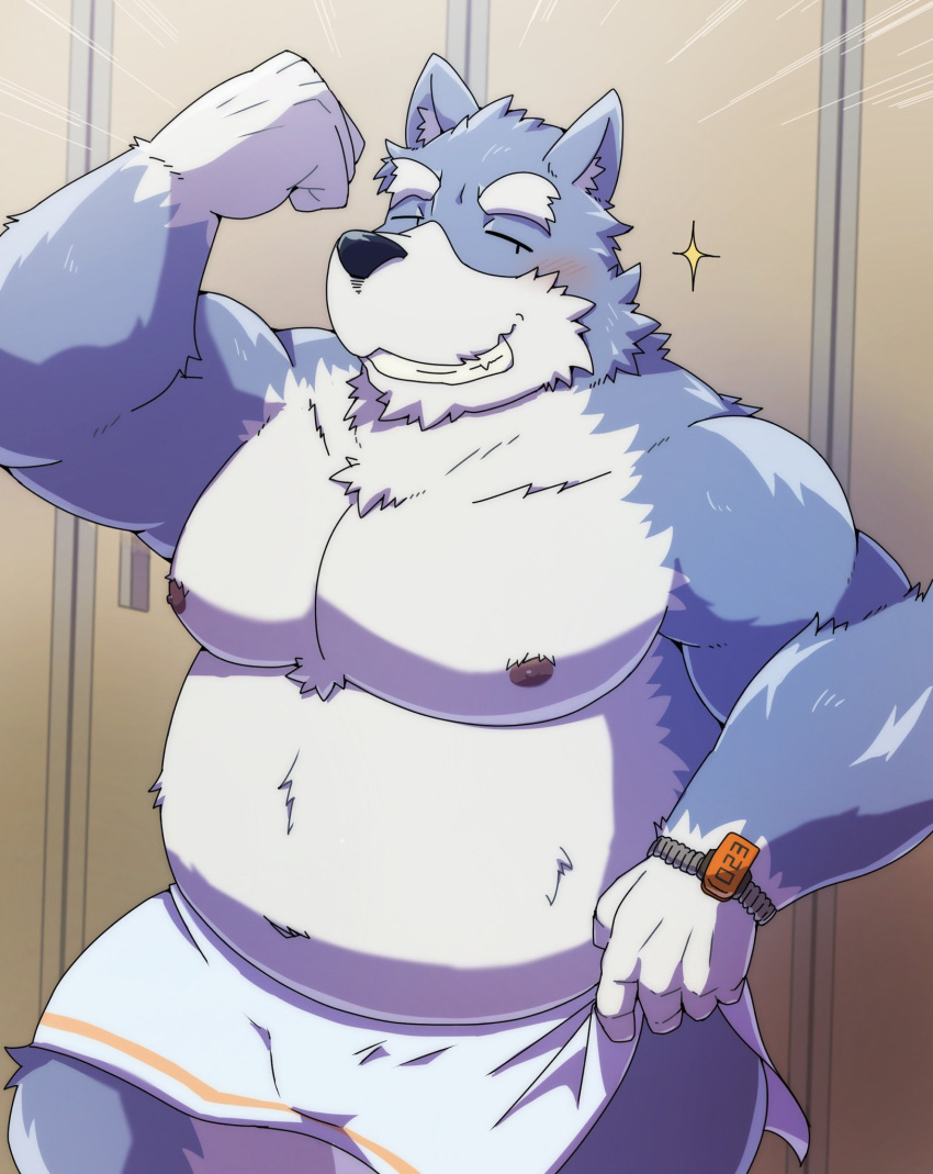 2022 anthro belly blush bulge canid canine canis domestic_dog emufu hi_res humanoid_hands kemono locker_room male mammal moobs nipples slightly_chubby solo towel