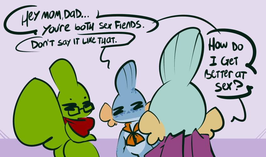 1-upclock 2022 anthro blue_body daughter dialogue english_text eyewear family father female freckles generation_2_pokemon generation_3_pokemon glasses green_body group hi_res jay_(1-upclock) kay_(1-upclock) larvitar mabel_(1-upclock) male mudkip nintendo parent pokemon pokemon_(species) scarf simple_background text trio