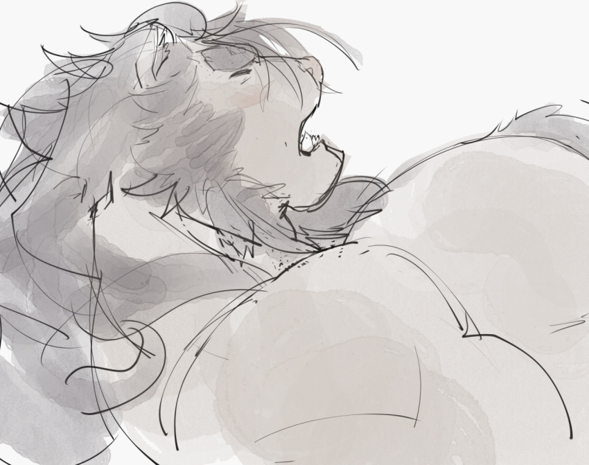 anthro blush body_hair breath chest_hair eyes_closed felid lifewonders lion live_a_hero lying male mammal mane muscular muscular_male open_mouth pantherine panting pecs ripped-saurian solo toshu