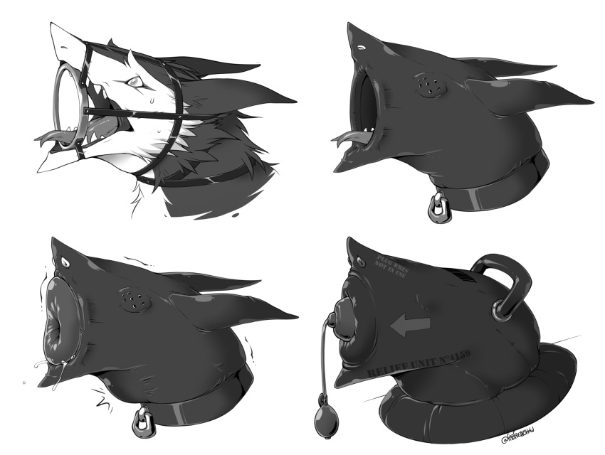 ambiguous_gender anthro bdsm collar gag hi_res inflatable_gag latex latex_hood layered_bondage metal_collar monochrome neck_bulge open_mouth paranokun ring_gag rubber_hood sensory_deprivation sergal solo