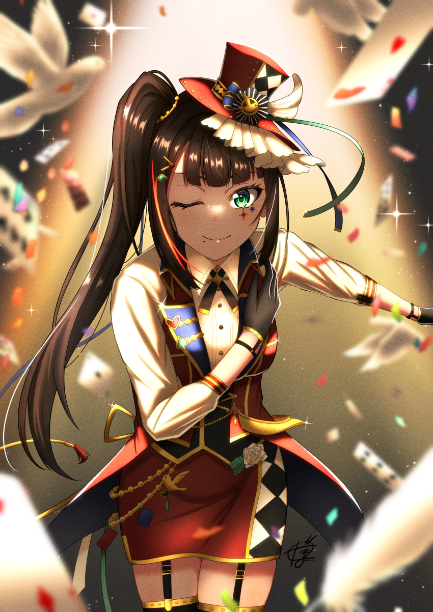 1girl absurdres bangs bird black_gloves black_hair bright09 card commentary dove facial_tattoo garter_straps gloves green_eyes hair_ornament hat high_ponytail highres kurosawa_dia long_hair looking_at_viewer love_live! love_live!_sunshine!! mole mole_under_mouth one_eye_closed playing_card side_ponytail sidelocks signature smile sparkle spotlight tattoo thighhighs