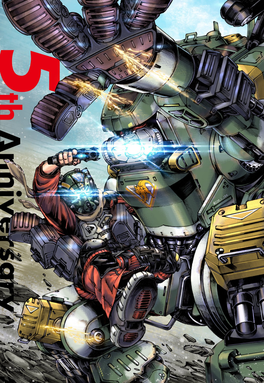 1boy anniversary assault_visor bt-7274 english_commentary glowing glowing_eye helmet highres i_(220_i_284) in_palm jack_cooper knee_pads looking_at_viewer male_focus mecha one-eyed pants piston red_pants robot science_fiction smart_pistol titan_(titanfall) titanfall_(series) titanfall_2 western_comics_(style)