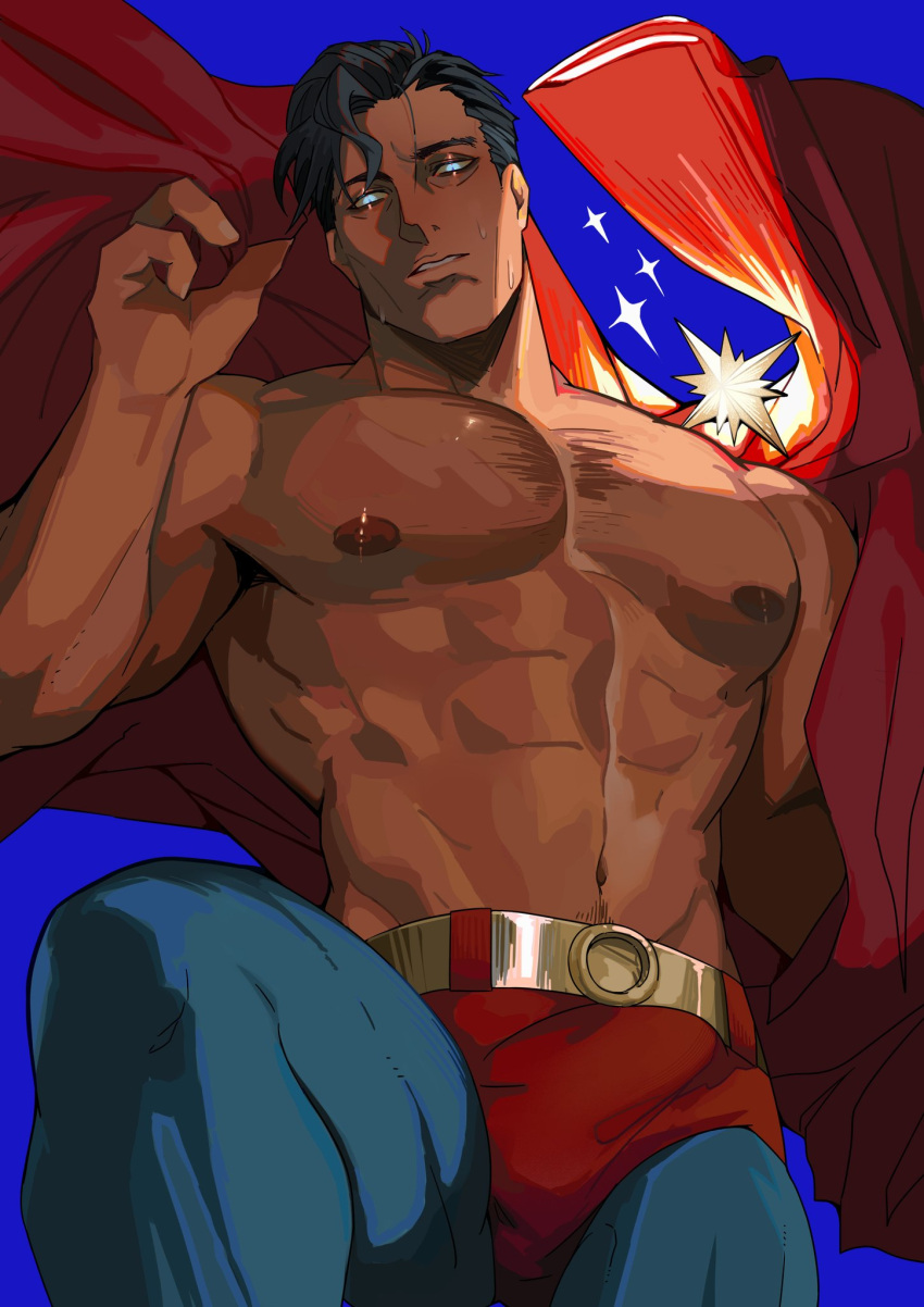 1boy abs bara black_hair blue_cape blue_pants cape cape_removed clark_kent dc_comics doufujintianxianle highres holding holding_cape holding_clothes large_pectorals male_focus muscular muscular_male navel nipples pants parted_lips pectorals red_cape short_hair simple_background solo superman superman_(series) topless_male