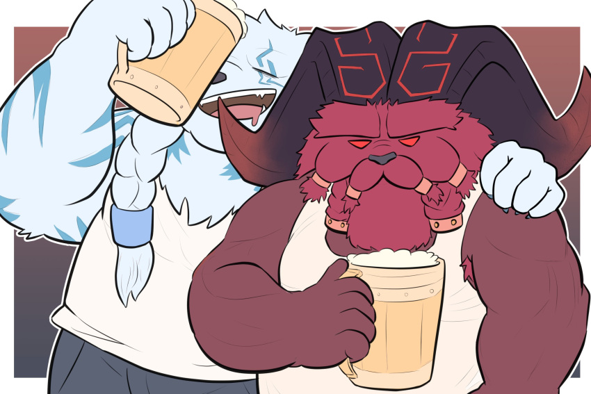 &gt;:( 2_horns 5_fingers :d alcohol anthro armpit_hair armpit_tuft bear beard beer beer_foam beer_mug beverage black_bottomwear black_clothing black_horn black_nose black_shorts blue_markings bodily_fluids body_hair bottomwear bovid bovid_horn braided_beard braided_hair braided_mustache brother brothers burly caprine caprine_horn closed_frown clothed clothing curled_horn dark_shorts demigod drooling drunk duo eye_markings eyebrows eyes_closed facial_hair fingers frown fur gradient_background grumpy hair half-closed_eyes hand_on_shoulder hi_res holding_beer holding_beer_mug holding_beverage holding_object horn horn_markings league_of_legends leaning leaning_back long_hair male male/male mammal manly markings mature_anthro mature_male multicolored_horn muscular_arms mustache narrowed_eyes no_pupils open_mouth open_smile ornn_(lol) overweight overweight_anthro overweight_male polar_bear raised_arm ram_horn red_armpit_hair red_body red_eyes red_fur red_horn red_sclera red_skin riot_games saliva sharp_horn sharp_teeth shirt shorts sibling simple_background smile snaggle_tooth standing stocky substance_intoxication tank_top teeth theguynamedviet thick_eyebrows topwear two_tone_horn unimpressed ursine volibear white_background white_clothing white_shirt white_tank_top white_topwear wrinkled_nose