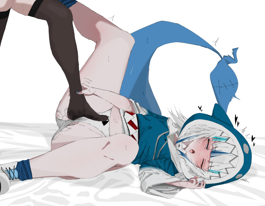 2girls absurdres ahegao animal_costume animal_hood bangs bed_sheet black_thighhighs blue_eyes blue_hair blue_hoodie blue_socks blunt_bangs blush boots carrot_011 clothes_pull cross-laced_footwear female_footjob fish_tail foot_on_pussy footjob footjob_over_clothes gawr_gura grey_hair heart highres hololive hololive_english hood hoodie lace-up_boots legs_up long_sleeves lying medium_hair multicolored_hair multiple_girls no_pants no_shoes on_back one_eye_closed open_mouth out_of_frame panties partially_undressed pussy_juice pussy_juice_stain shark_costume shark_girl shark_hood shark_tail shirt_pull shoes sidelocks simple_background socks spread_legs squinting stepped_on streaked_hair tail thighhighs thighs two-tone_hair two_side_up underwear virtual_youtuber watson_amelia white_background white_footwear wide_sleeves yuri