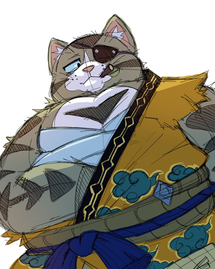 2023 4:5 anthro capcom clothed clothing eye_patch eyewear felid felyne hi_res kemono lynian male mammal monster_hunter monster_hunter_stories monster_hunter_stories_2:_wings_of_ruin my_wet_muffin orgo_(monster_hunter) overweight overweight_male simple_background solo