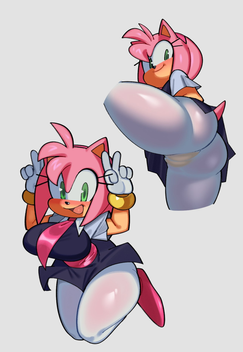 2023 amy_rose anthro big_butt blush butt camel_toe clothed clothing double_v_sign eulipotyphlan female fiinel gesture gloves green_eyes hair handwear hedgehog hi_res looking_at_viewer looking_back mammal open_mouth open_smile pink_hair sega simple_background smile smiling_at_viewer solo sonic_the_hedgehog_(series) v_sign wide_hips