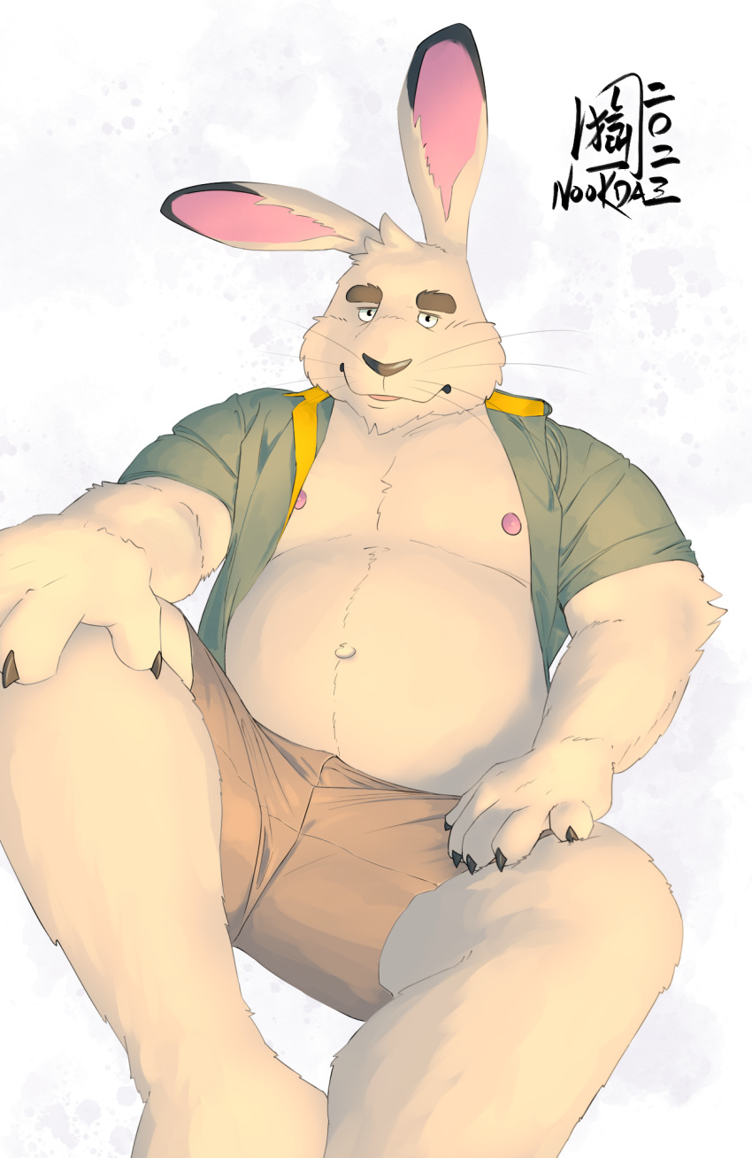 2023 anthro belly bottomwear clothed clothing hi_res humanoid_hands kemono lagomorph leporid male mammal nipples nookdae open_clothing open_shirt open_topwear overweight overweight_male rabbit shirt shorts sitting solo topwear